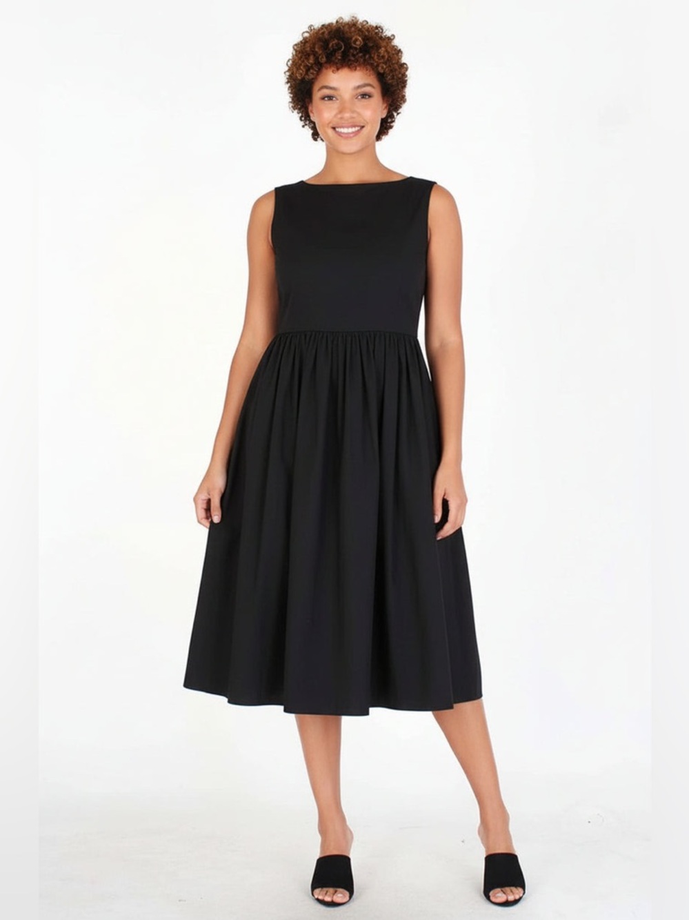 BACK BUTTON UP POCKETS FIT & FLARE SLEEVELESS MIDI DRESS